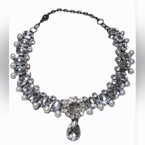 Silver Rhinestone Pearl Choker Necklace